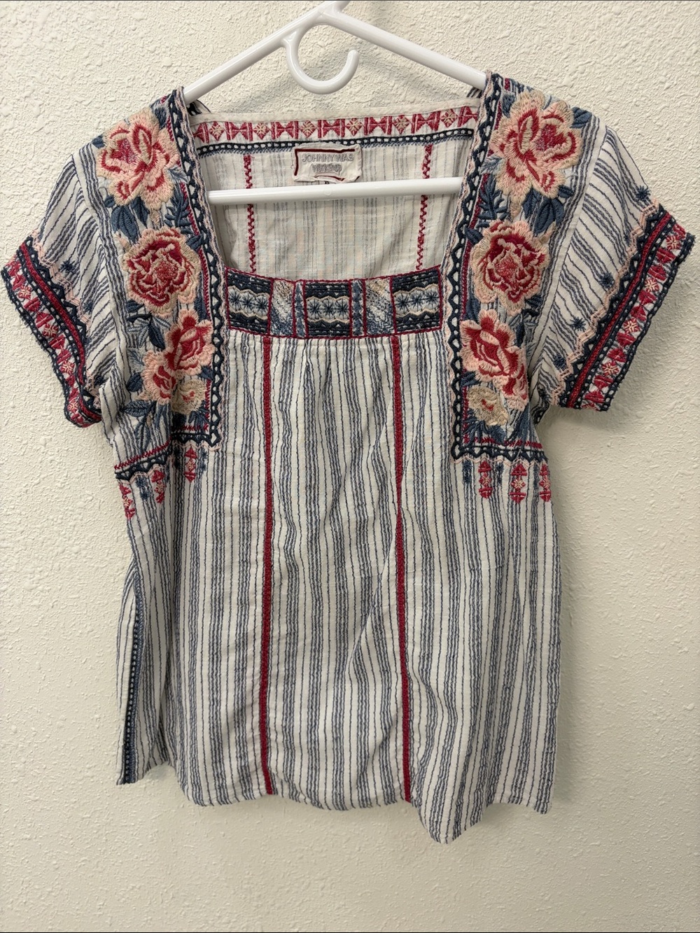 Johnny Was Striped Embroidered Square-Neck Top